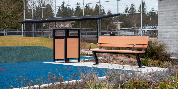 Wishbone Bayview Bench and Urban Form Easy Access Waste Receptacle in Abbotsford BC